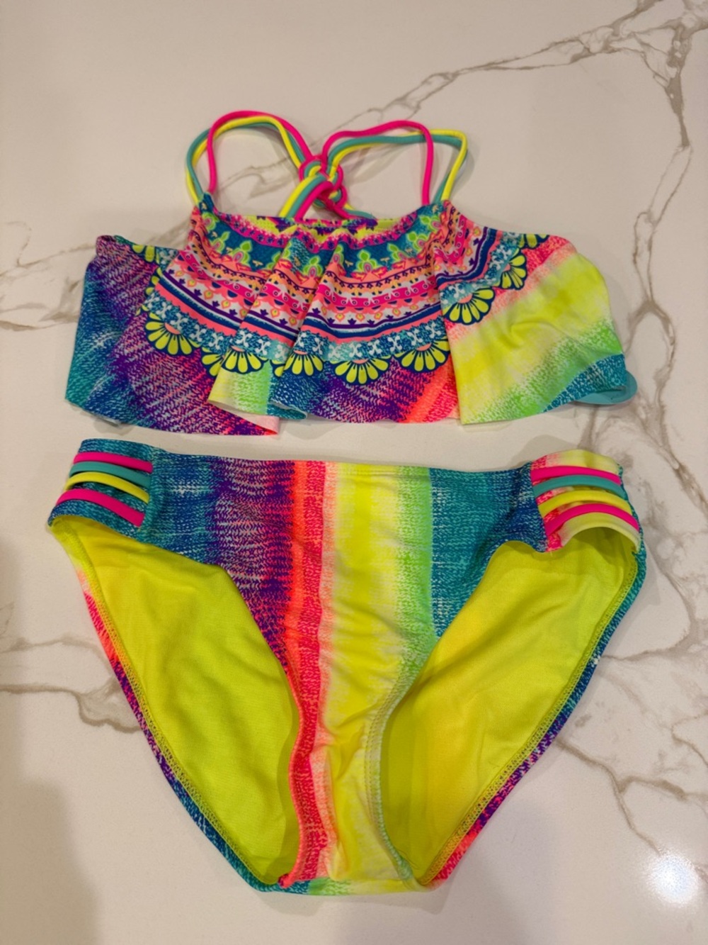 Neon Multicolor Ruffled Two-Piece Bikini Set